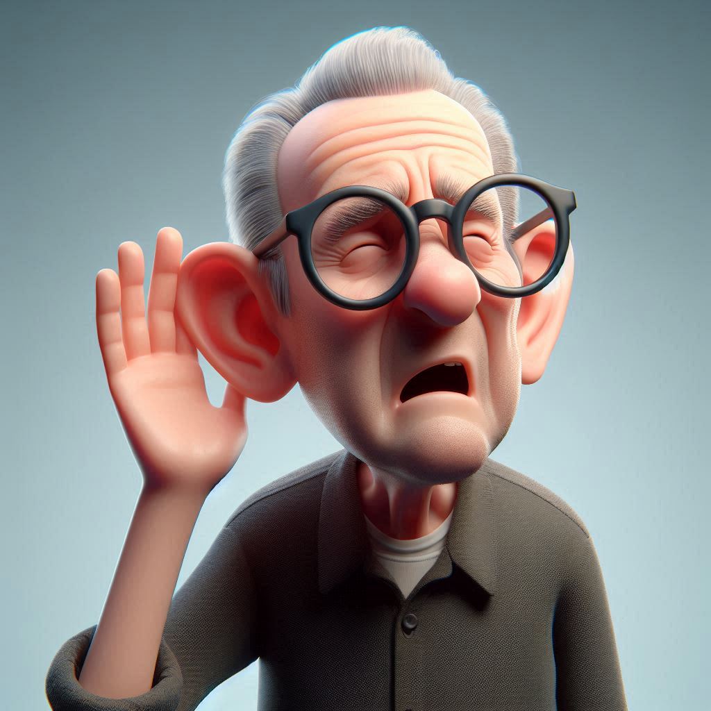 Free AI prompt: 3D caricature, elderly person (glasses, dark shirt) cupping ear, confused (hearing problem).