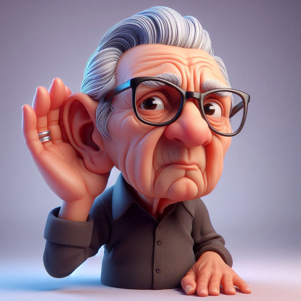 Generate 3D caricature: Elderly person (glasses, dark shirt) straining to hear, hand cupped to ear.