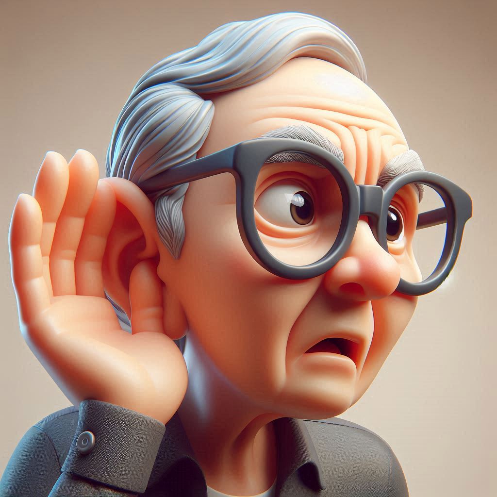 AI prompt: Create a 3D cartoon of an elderly person (glasses, dark shirt) looking confused, holding their ear (hearing difficulty).