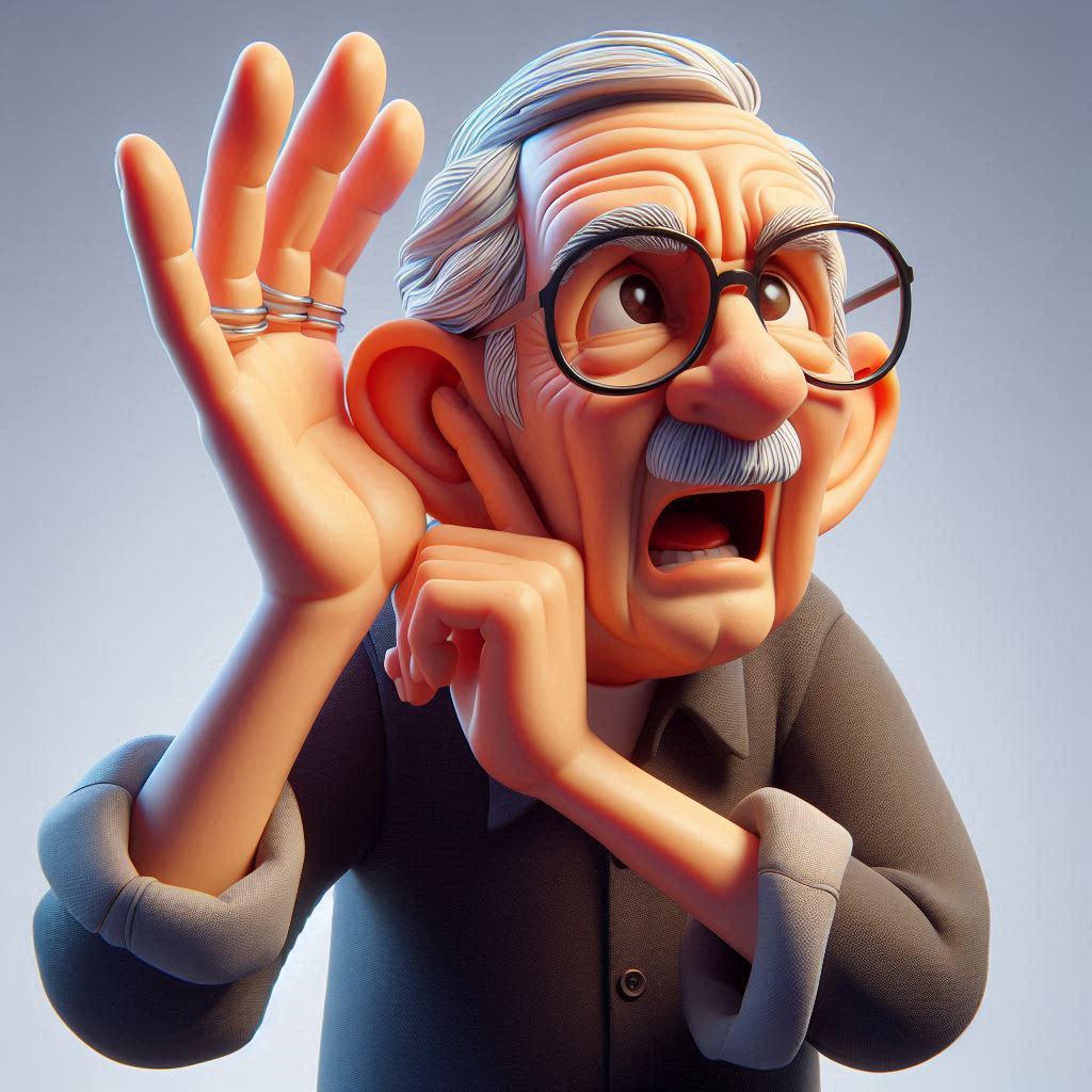 Free AI prompt: 3D caricature: Elderly person (glasses, dark shirt) with a strained expression, hand cupped to ear (hearing problem).