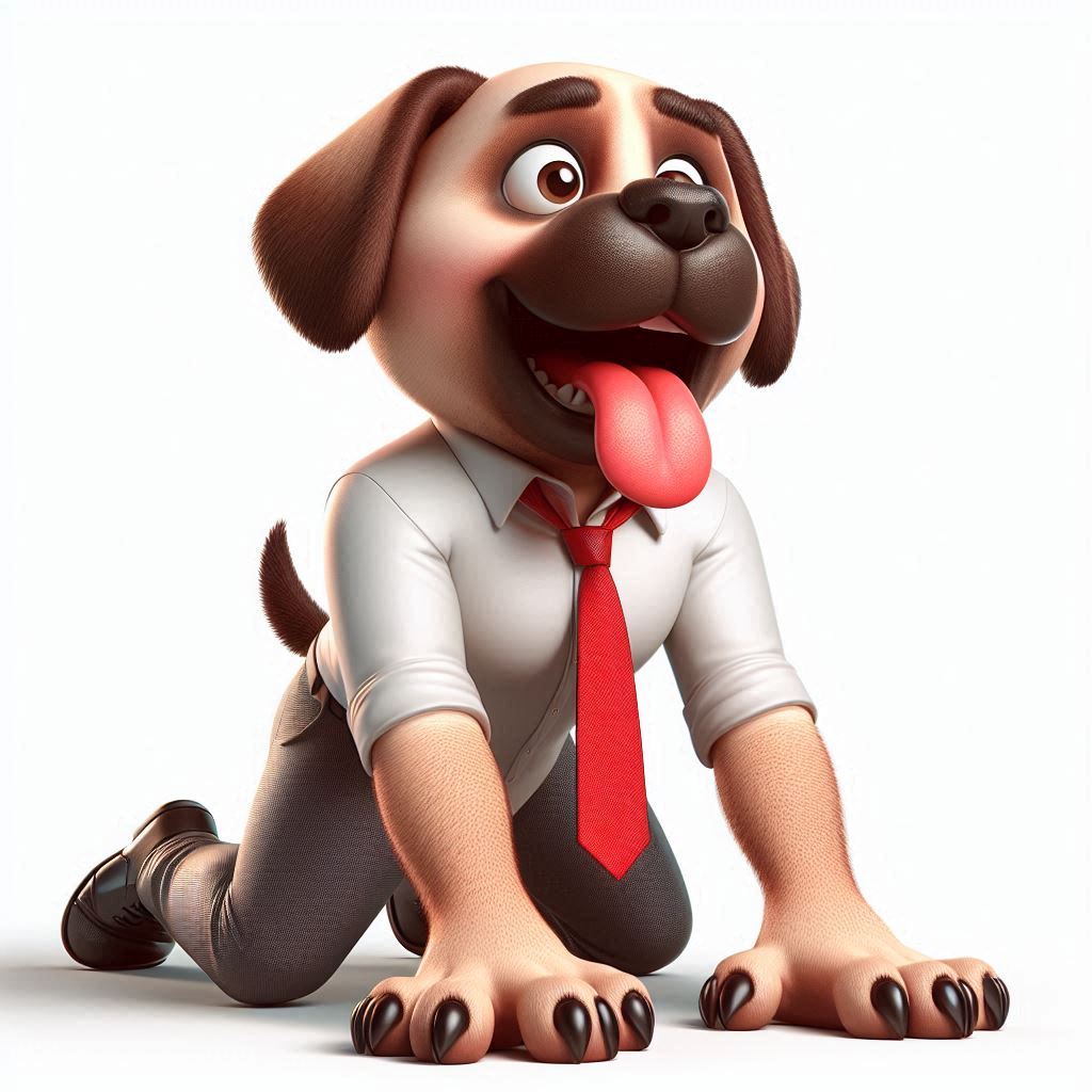 Man in dog pose caricature (3D): Funny kneeling pose, tongue out, hands on ground like paws.