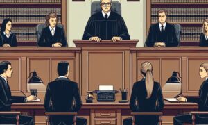 Courtroom Vector Art: Judge, Lawyers, Clients, and Stenographer